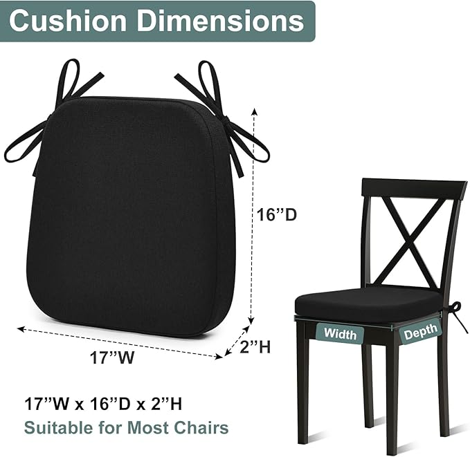 Shinnwa Dining Chairs Pads Set of 4, Patented Design Memory Foam Kitchen Chair Cushions with Ties and Washable Cover, 4 Pack, 17" x 16" x 2", Black