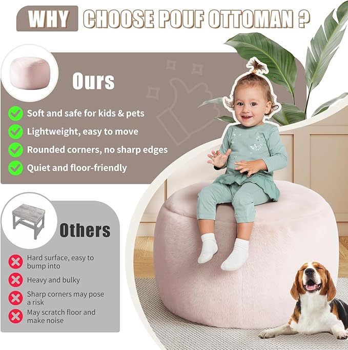 Gericco Round Stuffed Pouf Ottoman for Foot Rest, A Round Modern Foam Filled Poufs, Floor Chair for Living Room, Nursery, Dorm, A Soft Modern Foot Stool Perfect to Rest Your Feet (Pink, 29Inch)