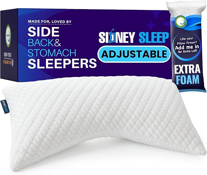 Sidney Sleep Adjustable Curved Pillows for Neck and Shoulder Support with Extra Shredded Fill - Cervical Contour Pillow for Side and Back Sleeper - King Size - 19"x36" CertiPUR-US Certified (White)
