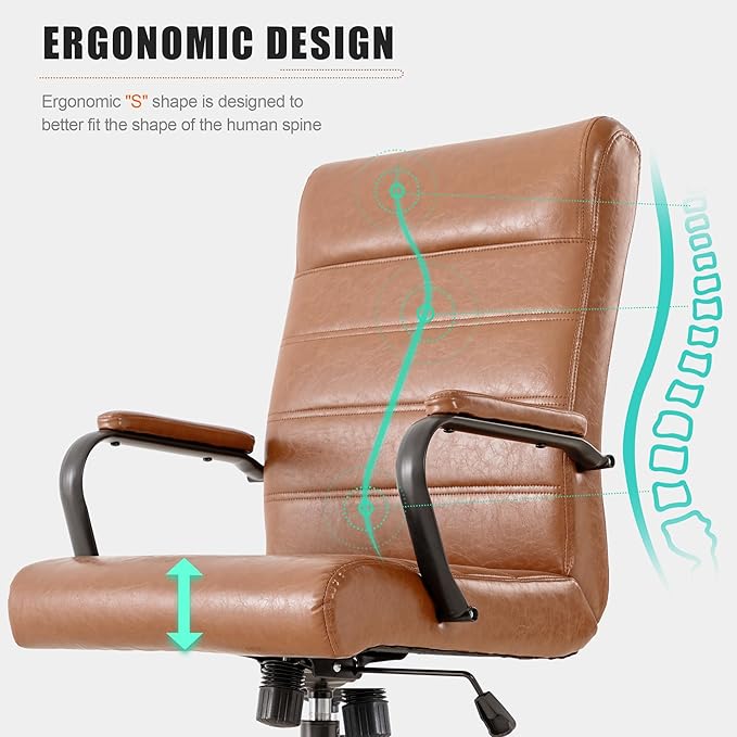 Office Desk Chair,Modern Leather Conference Room Chairs,High Back Home ofiice Chair,Adjustable Height Swivel Executive Computer Chair with Armrest and Padded Seat (Brown with Black Frame)