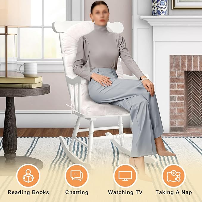 Rocking Chair Cushion - Chenille Fabric, High-Density Sponge, Durable Comfort Double-Sided Tufted Seat Pads with Ties, Chenille︱Cleanroom White, 44x19x4 inch