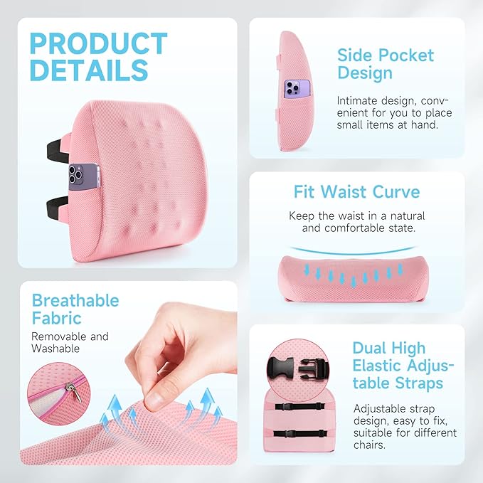 Fyore Lumbar Pillow Memory Foam Back Support Cushion with Anti-Slip Particles Designed for Lower Back Pain Relief Back Pillow 2 Adjustable Straps for Computer/Office Chair,Car Seat,Recliner(Pink)