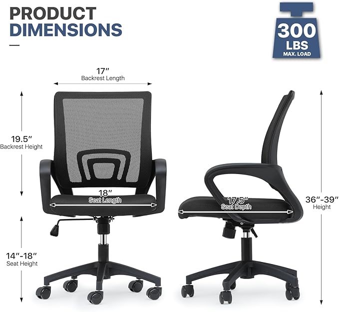 MoNiBloom Mesh Office Chair, Ergonomic Computer Chair for Adults, Rolling Swivel Mid-Back Desk Chair with Lumbar Support, Comfy Armrest for Home Office, Gaming, Black