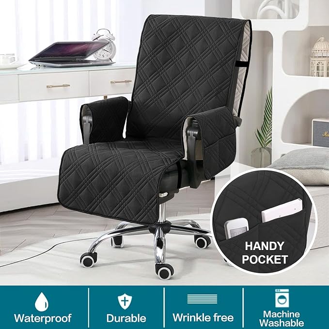 Turquoize Waterproof Office Chair Cover with Armrest Covers Black Computer Desk Chair Cover Quilted Office Chair Protector with Arms Office Chair Seat Cover Slipcover with Anti-Slip Buckle, Black