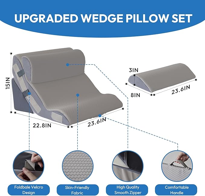 Ahpmeoa 4PCS Wedge Pillow Set for After Surgery, Back Pillow for Bed Sitting up, 10-in-1 Foam Wedge Pillow for Acid Reflux & Back Pain Relief, Post Surgery Pillow for GERD & Snoring, Grey