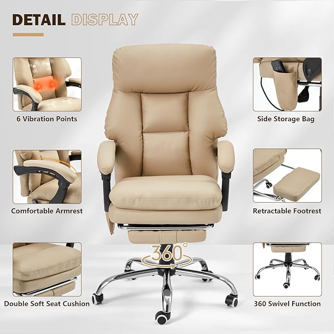 HOMREST Ergonomic Office Chair with 6-Point Massage & Heating, Adjustable Executive Desk Chairs, Retractable Footrest, Dual-Layer Soft Cushion, PU Leather, Khaki