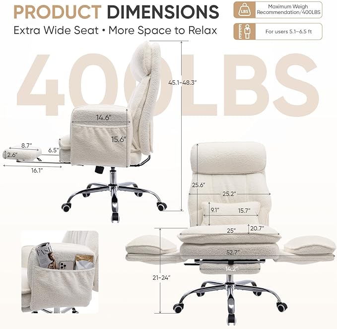 Big and Tall Office Chair with Flip Armrests, Cross Legged Office Chair with Storage Pockets, Comfortable Reclining Computer Chair with Foot Rest, Wide Home Desk Chair, Teddy Fleece
