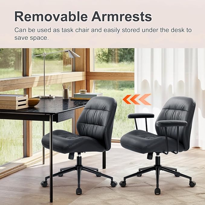IWMH Leather Office Chair with Removable Armrests，Mid-Back Ergonomic Desk Chair with Lumbar Support，Adjustable Height 360° Swivel Executive Task Chairs for Home Office (Black)