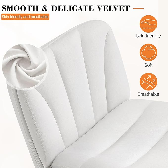 FelixKing Criss Cross Chair with Wheels, Cross Legged Office Chair, Armless Wide Vanity Desk Chair with Comfty Velvet & Back - Swivel Height Ajustable for Home Office Bedroom, Pearl White Velvet