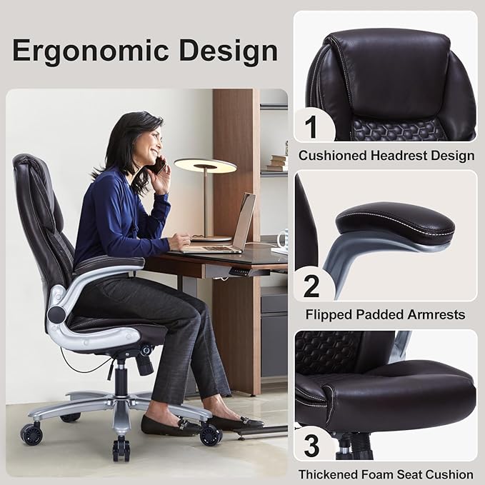 Big and Tall Office Chair, Ergonomic Desk Chair with Flip-up Arms, PU Leather Office Chair for Home Office, Computer Chair with Adjustable Lumbar Support, Space Saving Executive Task Chair