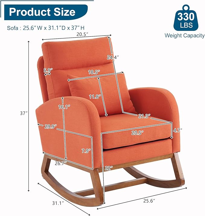 VINGLI Orange Linen Rocking Chair Nursery with Thick Headrest, Upholstered Mid-Century Modern Nursing Rocker Glider with Curved Armrest, Sturdy Solid Wood Base for Living Room, Bedroom, Baby Room