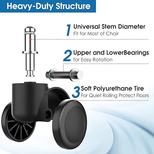 MaxGear 2" Office Chair Wheels Heavy Duty Replacement, Mute Rubber Rotating Desk Chair Caster Wheels, Safe for All Floors Including Hardwood, Only Fits 11mm Stem, NOT for 10mm or IKEA Chairs, Set of 5