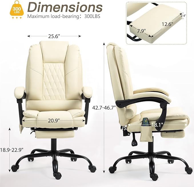 6-Point Heated Massage Office Chair with Footrest, Executive High Back PU Leather Computer Chair with Armrest & Reclining, Ergonomic Home Desk Chair with Lumbar Support, Beige