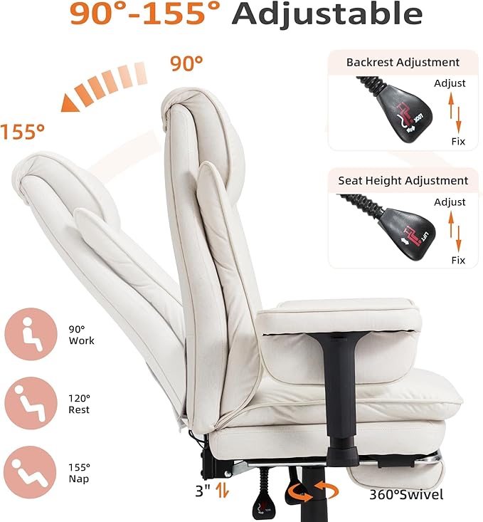 HOMREST 4-Point Massage Office Chair with Heat, 155° Reclining Executive Desk Chair with Adjustable Armrests for Home Office, Ergonomic High Back Computer Chair with Footrest, Beige