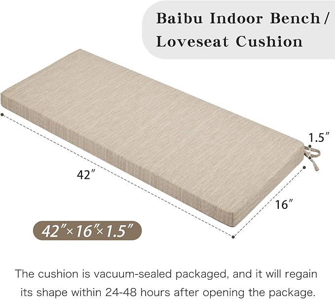 baibu 42 Inch Classic Solid Color Bench Cushion with Ties, Non-Slip Indoor Outdoor Rectangle Bench Seat Cushion Standard Size Foam Pad with Machine Washable Cover (Pure Beige, 42x16x1.5in)