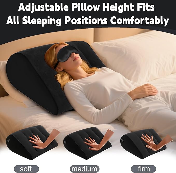 Inflatable Wedge Pillow for Traveling & Sleeping– Portable Bed Wedge Cushion With Silk Eye Mask for Leg Elevation,Back Support & Relaxation,Compact Lumbar Pillow for Camping, Home Use& Outdoor Trip