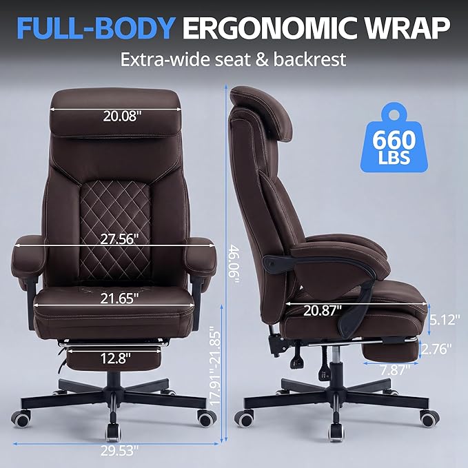 Ergonomic Executive Office Chair - Big and Tall Home Comfy Desk Gaming Chair for Adults, Heavy Duty Leather Reclining Wide Computer Chair with Foot Rest and Back Support (Brown)