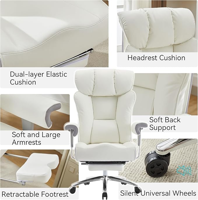 Efomao Big and Tall Office Chair with Footrest, 450lbs High Back Executive Chair with Spring Cushion, PU Leather Upholstery, Padded Armrests, Swivel Base, and Rolling Wheels – White Computer Chair