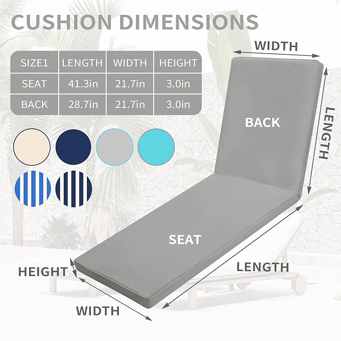 Outdoor Chaise Lounge Cushions for Patio, 72"x22"x3" Lounge Chair Cushions, Waterproof Replacement Seat Cushions for Outdoor Furniture