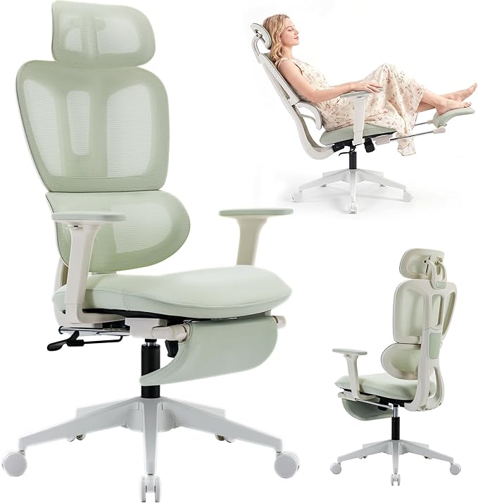 Ergonomic Office Chair with Footrest, 90-135° Reclining High Back Desk Chair with Lumbar Support, 2D Headrest, 2D Armrests, Computer Chair for Long Hours, Green