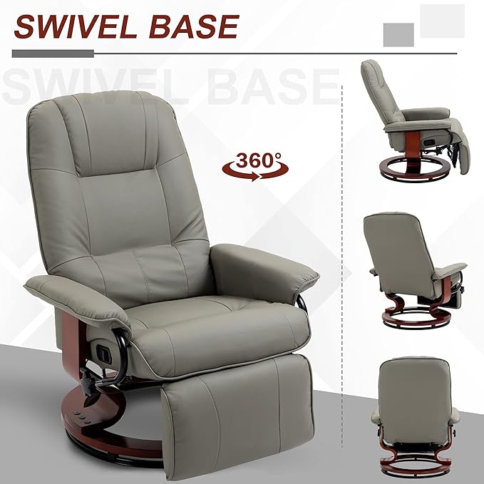 HOMCOM Swivel Recliner Chair, PU Leather Reclining Armchair with Retractable Footrest, Lounge Chair with Wood Base and Adjustable High Back for Small Spaces, Living Room, RV, Bedroom, Gray