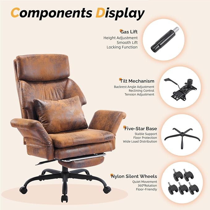 VINGLI 100-130° Reclining Tall Office Chair with Foot Rest & Adjustable Armrests, Ergonomic Criss Cross Chair with Wheels & Headrest, Comfy Wide-Seat Gamer Chair for the Heavy, Microfiber, Vintage