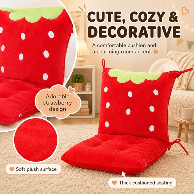 ChezMax Chair Cushion Plush Seat Cushion Back Cushion with Ties Thickened Desk Chair Pads Cartoon Waist Pillow Cushion Decor for Chair Car Office Patio Wheelchair Cartoon Strawberry