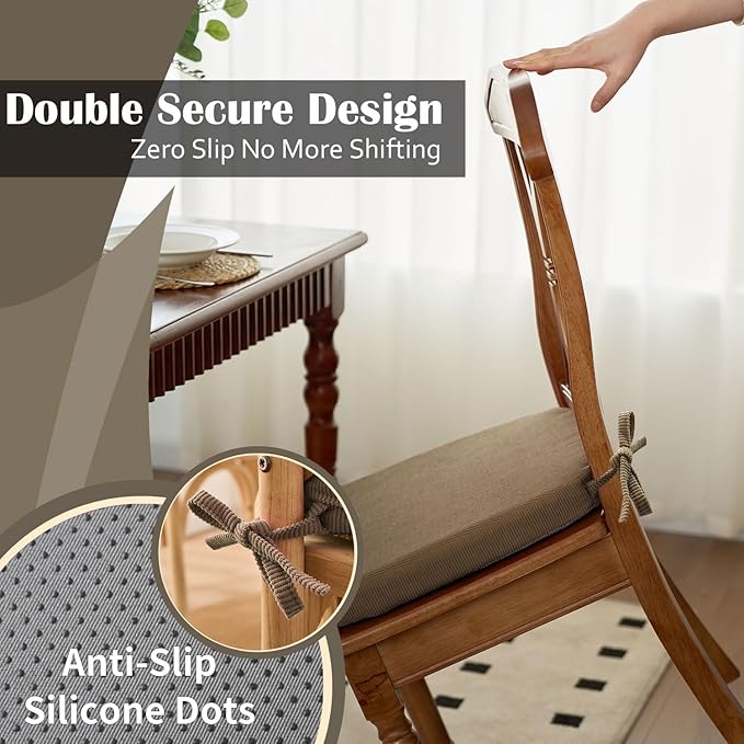 2'' Thick High-Density Foam Indoor Chair Cushions | Dining Chair Pads with Ties, Removable Washable Cover, Kitchen Chair Cushions 17"x16",Light Brown 6 Pack
