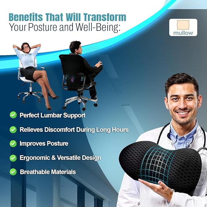 Mullow® Lumbar Support Pillow for Office Chair | for Low Back Pain Relief | Memory Foam Ergonomic Sreamline | for Car, Office Chair, Home, Bed, Seat Cushion