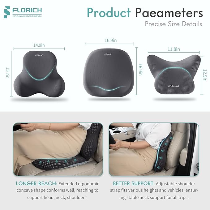 FLORICH Car Seat Cushion and Lumbar Support Pillow for Office Chair Car, Neck Headrest Pillow, Ergonomic Memory Foam, Pressure-Relieving Back Support for Car, Office Chair & Wheelchair – Gray