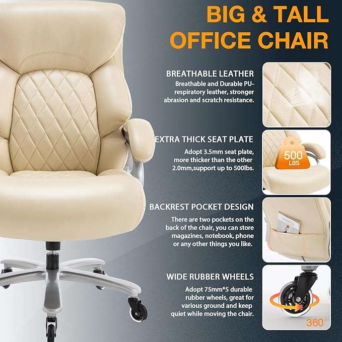 ZSQN Big and Tall Office Chair for Heavy People, 500LBS High Back Extra Wide Heavy Duty Executive Office Chair Comfortable for Home, Large Computer Desk Chairs with Adjustable Lumbar Support Beige