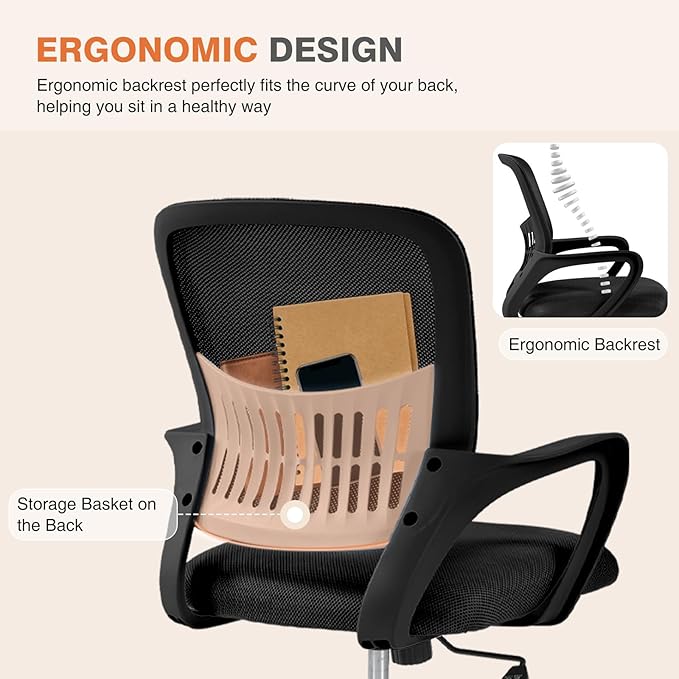 Sweetcrispy Home Office Managerial Executive Chair, Ergonomic Mesh Adjustable Swivel Mid-Back Computer Desk Chair with Comfortable Lumbar Support, Comfy Arms for Bedroom,Study