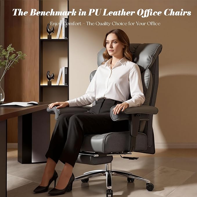 Efomao Big and Tall Office Chair 400lbs, Executive High Back Office Chair with 24" Extra Wide 6.1" Spring Cushion and Footrest, Reclining Heavy Duty Desk Chair for Home Office, Grey