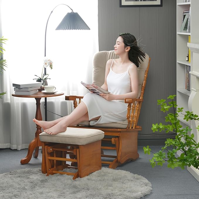 Anti-Pinch Solid Wood Hand Glider Rocking Chair Set with Ottoman, Padded Cushion, Rustic Rubber Wood Nursery Glider for Nursing, Relaxing, Living Room, Bedroom, Honey Colored