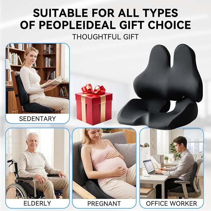 Seat Cushion Lumbar Support Pillow Set with Adjustable Fixed Strap, Memory Foam Coccyx Pad for Tailbone & Sciatica Pain Relief, Chair Cushions Back Support for Car, Office, Desk, Wheelchair