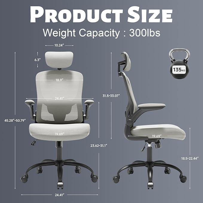 Ergonomic Office Chair - Adjustable Lumbar Support and Headrest, High Back Desk Chair with Flip-Up Arms for Home Office, 90-120° Tilt & Swivel Rolling Task Chair (Grey6076)