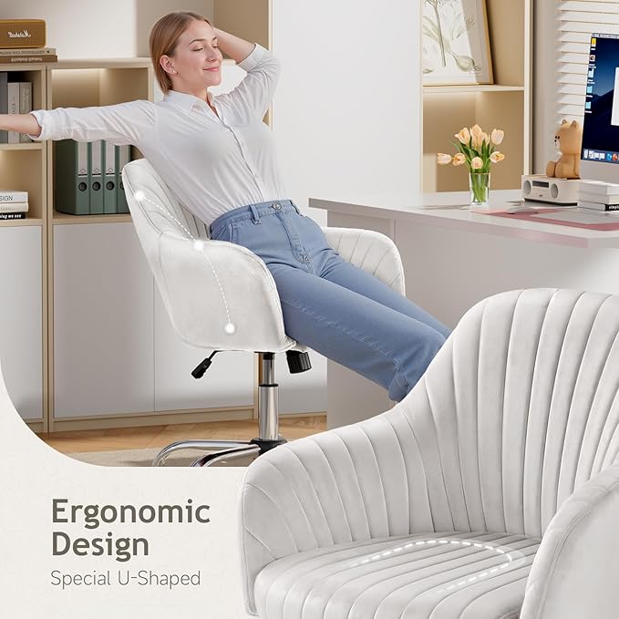 Warmiehomy Office Chair, Velvet Desk Chair for Home Office, Girls' Vanity Chair with Arm Rest for Bedroom Dressing Room, Pure White