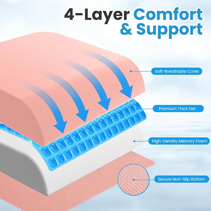 Wheelchair Seat Cushion for Pressure Relief, Cooling Gel Memory Foam Chair Cushion with Slope-Edge Design, Coccyx Support for Tailbone Pain, Non-Slip, for Wheelchairs, Office Chairs & Car Seats, Pink