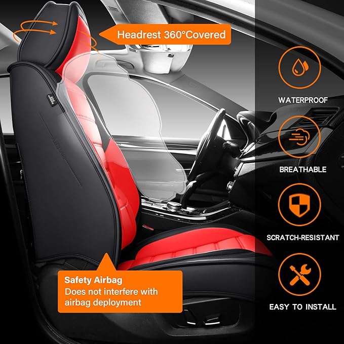 MINGBRON Front Car Seat Covers, Leather Car Seat Covers, Fit for Most Cars SUV and Most Sedan Red