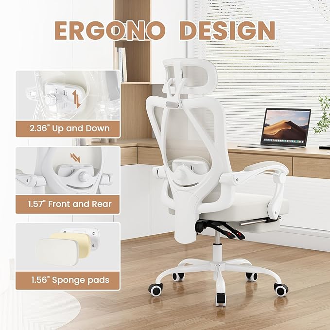 Farini Office Chair with Footrest, Ergonomic Mesh Office Chair with Headrest, High Back Desk Chair with Lumbar Support, Swivel Computer Chair for Office Study Room, White and Beige