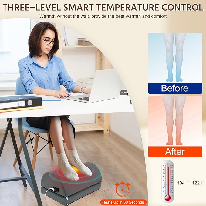 Heated Foot Rest Under Desk Footrest at Work, Foot Warmer Foot Stool with Double Layer Adjustable Height and Washable Cover, Handle Desk Foot Rest with Office Desk Accessories (Gray)