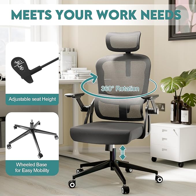 350 LBS Ergonomic Office Computer Mesh Chair - Adjustable Height Rolling Desk Chair with Flip-Up Armrests & High Back Support - Comfortable Swivel Task Chair for Home Office (01GREY)