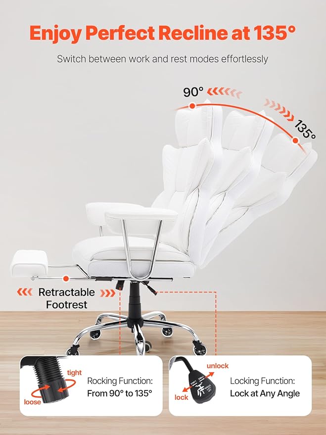 VEVOR Reclining Office Chair with Footrest, Heavy Duty PU Leather Oversize Office Chair, Big and Tall Executive Office Chairs with Lumbar Support, Strong Metal Base Quiet Wheels, White