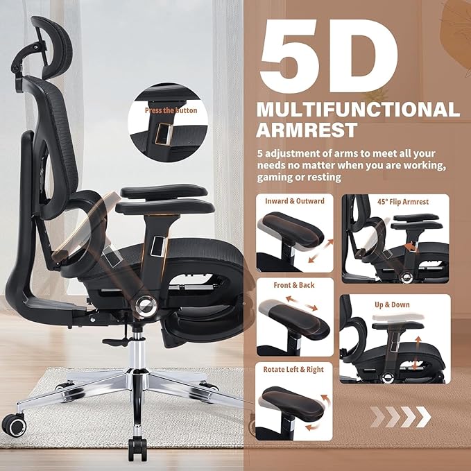 Ergonomic Office Chair with Footrest - 400lbs Heavy Duty Mesh Desk Chair, 5D Armrests, 3D Lumbar, 5 Level Backrest, Adjustable Headrest, Reclining High Back Swivel Chairs for Home Office
