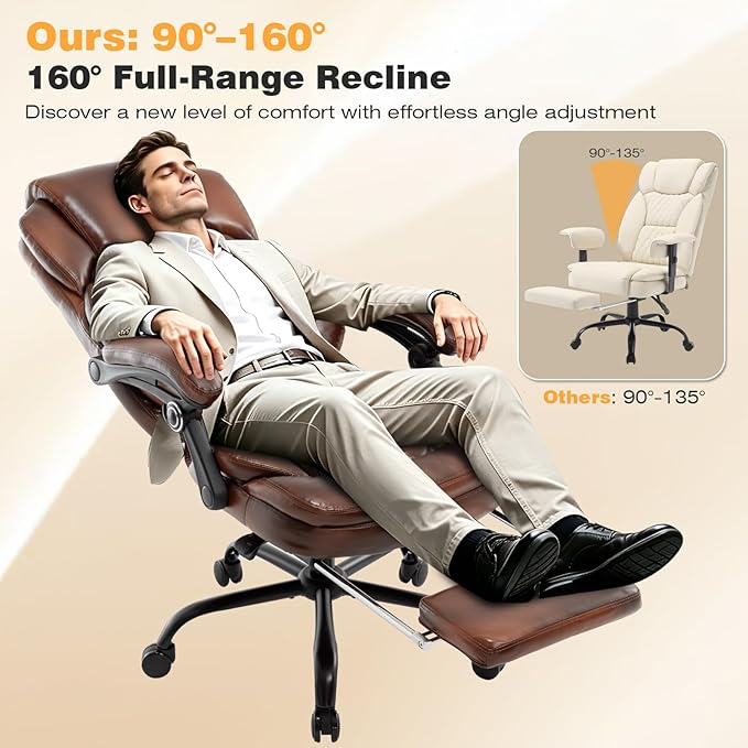 400lbs Reclining Office Desk Chair with Footrest, Managerial Executive Chair Lounge Chair for Office, Plus Size Brown Leather Recliner Office Chairs