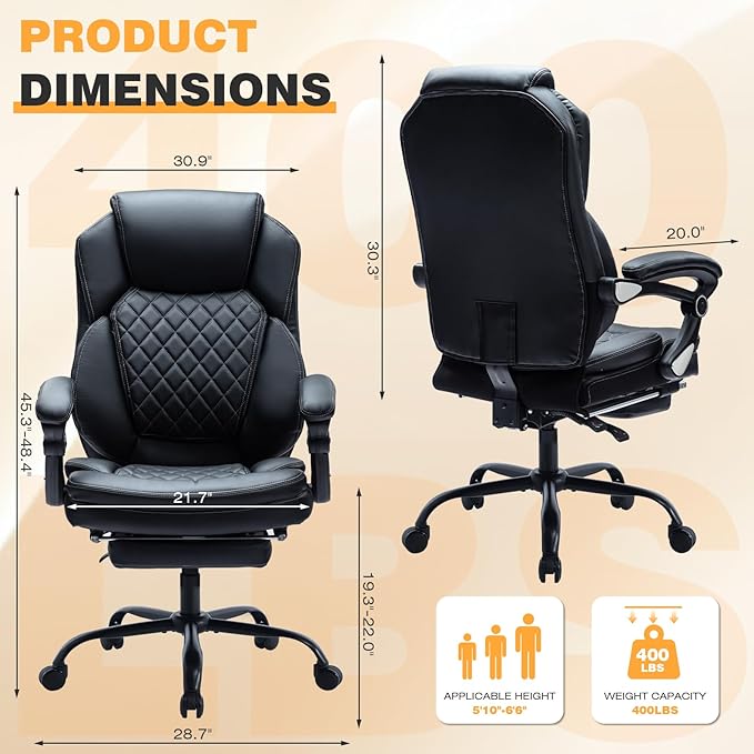 400lbs Reclining Office Desk Chairs with Footrest PU Leather Big Tall High Back Recliner Office Chairs with Wheels, Plus Size Managerial Executive Chair (Black)