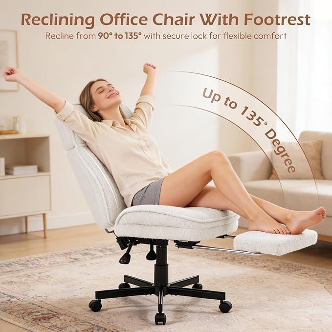 Criss Cross Chair with Wheels - Home Office Desk Chairs with Foot Rest, Morden Comfy Swivel Makeup Chair for Vanity, Ergonomic Cross Legged Office Chair with High Back & Wide Seat, White