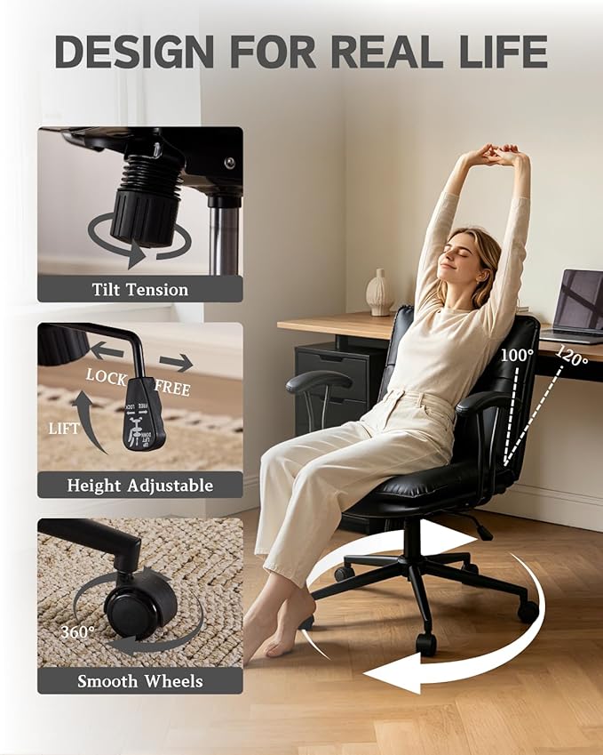 Karl home Faux Leather Office Chair with Removable Armrests, Adjustable Height & 360° Swivel, Tufted Thick Cushion Computer Desk Chair with Lumbar Support for Living Room, Vanity, Black