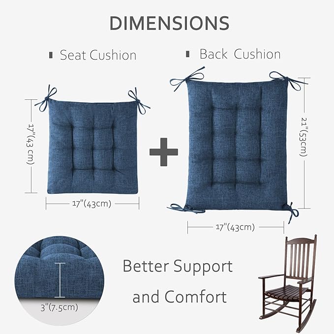 ELFJOY Rocking Chair Cushion Large Rocking Chair Pads with Ties Premium Linen High Back and Seat Cushion 2 Piece Set Linen Navy