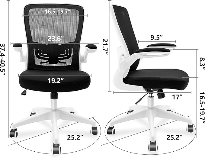 Ergonomic Office Chair 2026 - Mesh Desk Chair with Flip-up Armrests, Adjustable Height and Lumbar, 360° Swivel Comfortable Computer Chairs for Home, Conference Room, Reception, White and Black